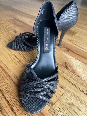 Steven By Steve Madden Black Snake-Embossed Strappy Stiletto Heels